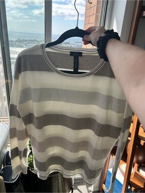 Marc Cain Cream and Grey Striped Crew Neck Sweater